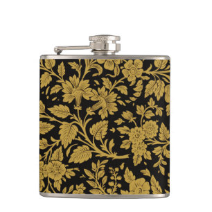 Antique Gold Floral Indian Lac-work Black Pattern Hip Flask