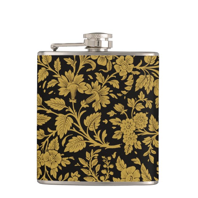 Antique Gold Floral Indian Lac-work Black Pattern Hip Flask (Front)