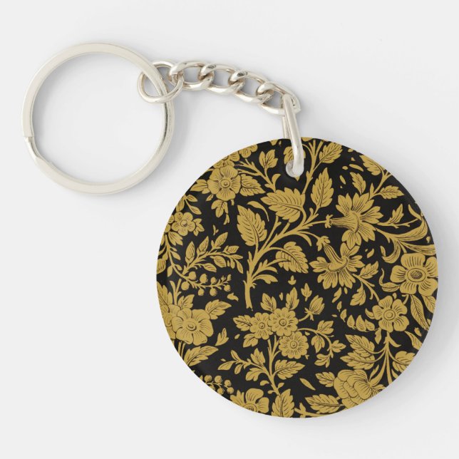 Antique Gold Floral Indian Lac-work Black Pattern Keychain (Front)