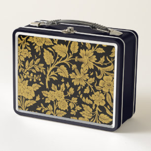 Antique Gold Floral Indian Lac-work Black Pattern Metal Lunch Box