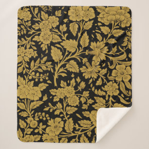 Antique Gold Floral Indian Lac-work Black Pattern Sherpa Blanket