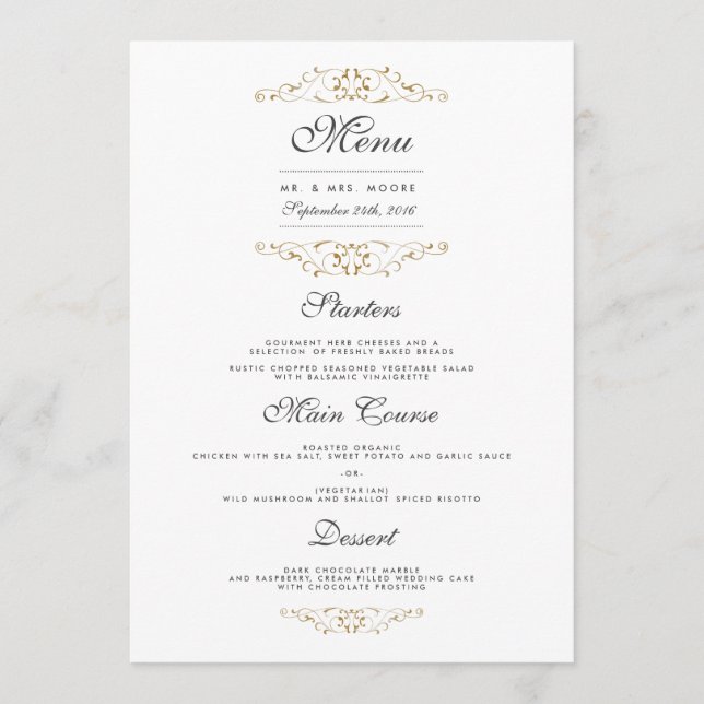 Antique Gold Flourish Wedding Dinner Menu (Front)