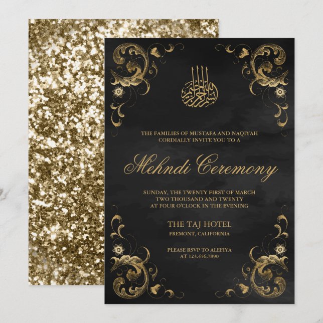 Antique Gold Frame Black Islamic Mehndi Invitation (Front/Back)