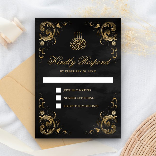 Antique Gold Frame Black Islamic Wedding RSVP Card (Creator Uploaded)