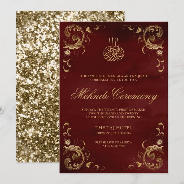 Antique Gold Frame Burgundy Red Islamic Mehndi Invitation (Front/Back)