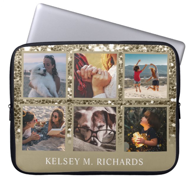 Antique Gold Glitter 6 Photo Collage with Name Laptop Sleeve (Front)
