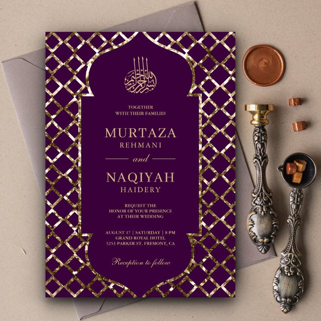 Antique Gold Glitter Frame Purple Muslim Wedding Invitation (Creator Uploaded)