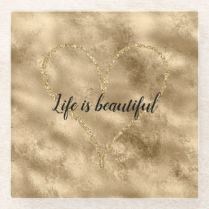 Antique Gold Glitter Heart Glass Coaster