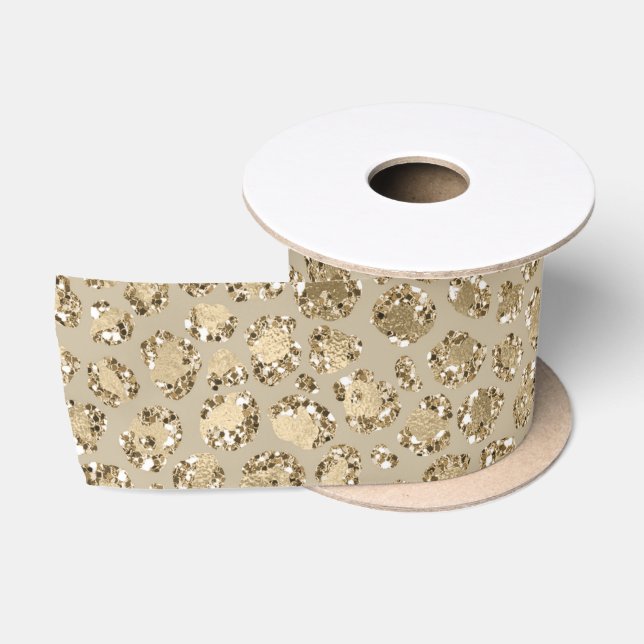 Antique Gold Glitter Leopard Print    Satin Ribbon (Spool)