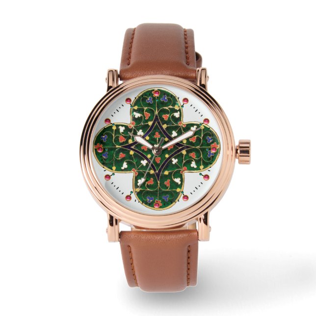 ANTIQUE GOLD GREEN CLOVER JEWEL Medieval Floral Watch (Front)