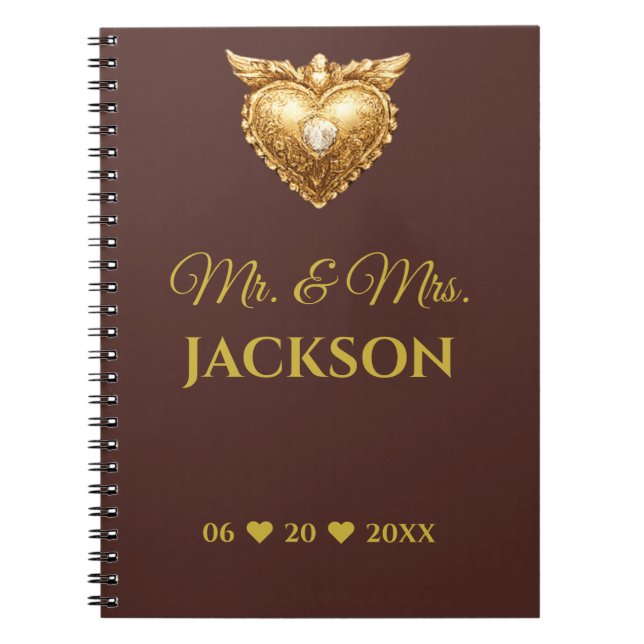 Antique Gold Heart Couples Name & Wedding Date Notebook (Front)