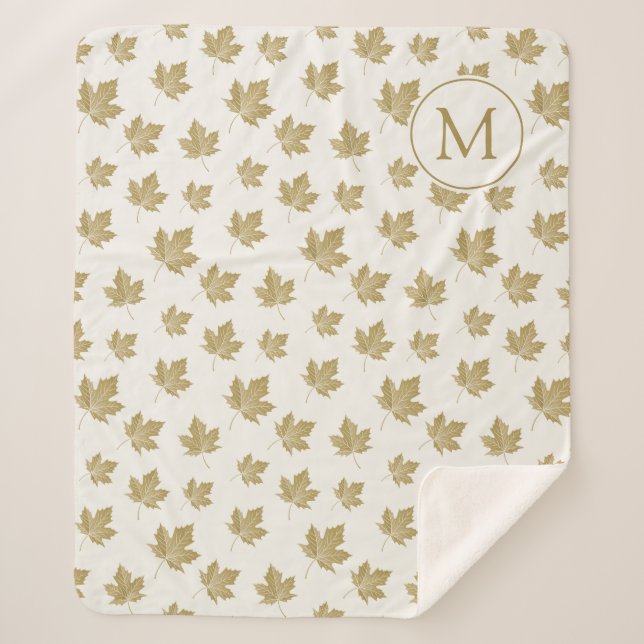 Antique Gold Maple Leaves Pattern with Monogram.  Sherpa Blanket (Front)