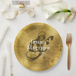 Antique Gold Metallic Old Map Wedding Paper Plate