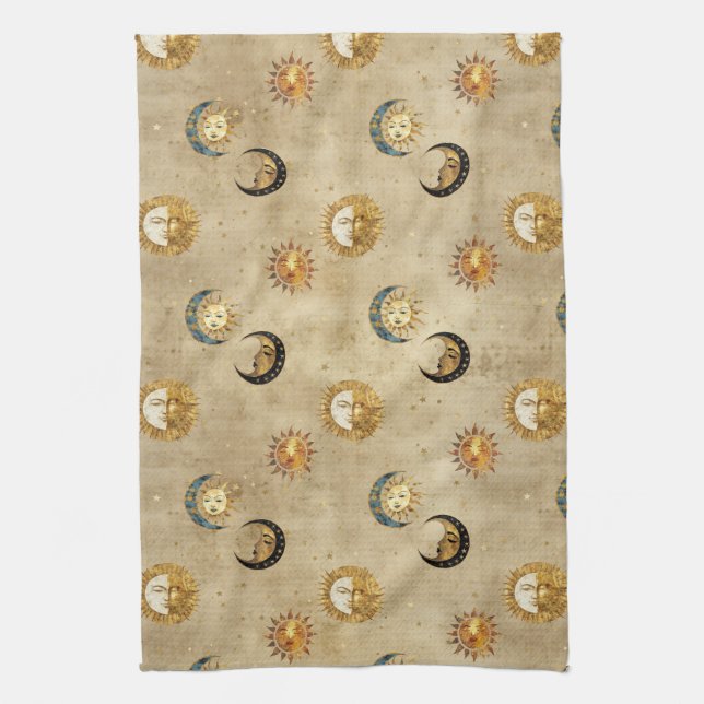 Antique Gold Moon Stars Cosmic Celestial Pattern Kitchen Towel (Vertical)