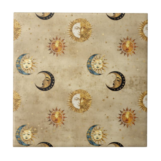 Antique Gold Moon Stars Cosmic Celestial Pattern Tile (Front)