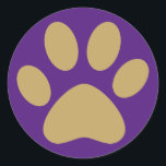 Antique Gold Pet Cat Dog Paw Purple Classic Round Sticker<br><div class="desc">Attention pet,  dog,  and cat lovers! Seal your holiday envelopes with this sticker featuring an antique gold paw print on a purple background. Decorate your Christmas presents with this sticker instead of plain old tape! Available in additional background colours. Matching cards,  wrapping paper,  return address labels,  and envelopes available.</div>