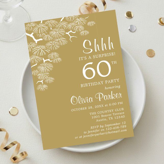 Antique Gold Pine Branch Surprise 60th Birthday Invitation (Creator Uploaded)