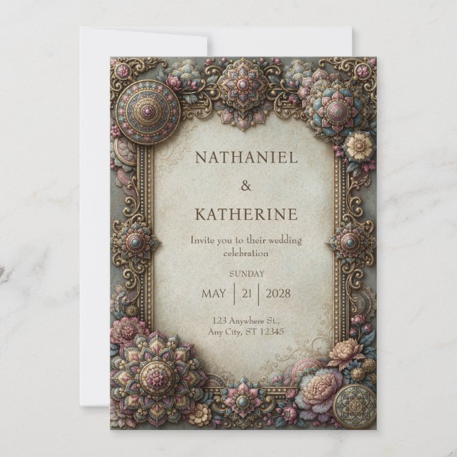 Antique Gold Rose Mandala Frame Wedding Invitation (Front)
