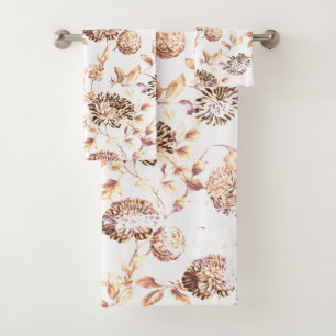 Antique Gold Tone Vintage Botanical Floral Toile Bath Towel Set