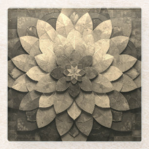 Antique Golden Mandala Art Textured Flower Glass Coaster