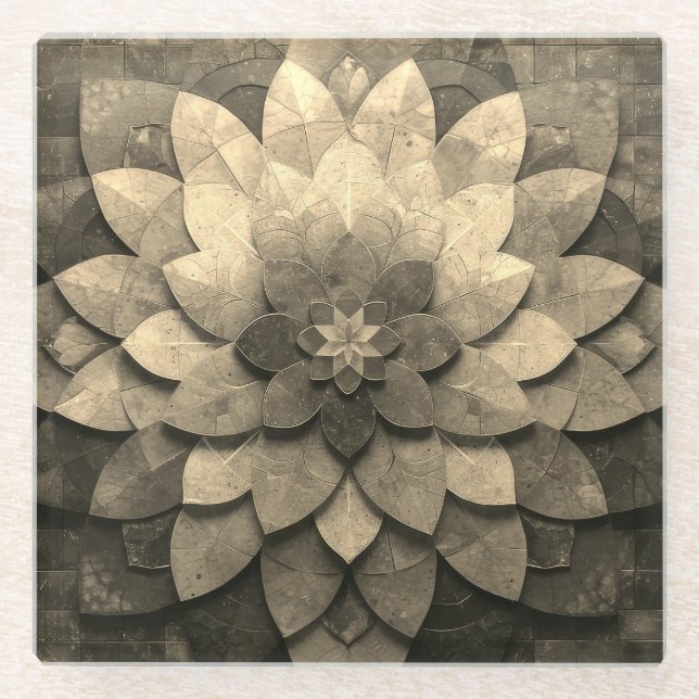 Antique Golden Mandala Art Textured Flower Glass Coaster (Front)