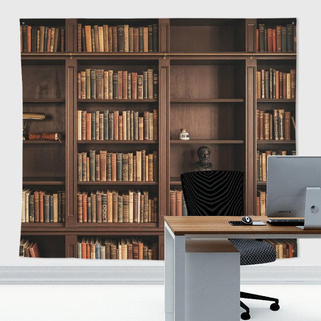 Antique Gothic Library Bookshelf Faux Accent Wall Tapestry (Antique Gothic Library Bookshelf Faux Accent Wall Tapestry for home decor and zoom meetings.)