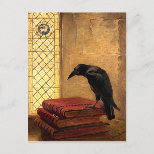 Antique Gothic Raven On Ancient Medieval Books Postcard (Front)