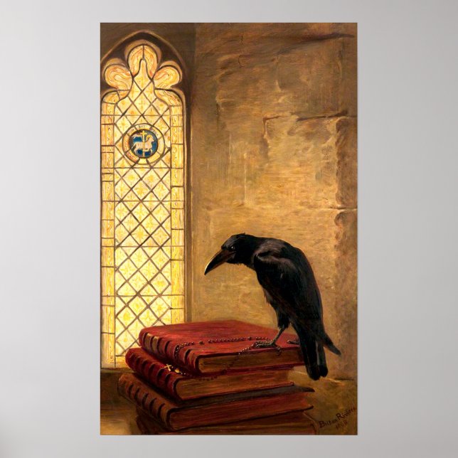 Antique Gothic Raven On Ancient Medieval Books Poster (Front)