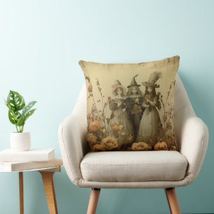 Antique Gothic Witch Trio Autumn Roses Throw Pillow
