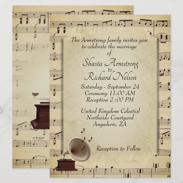 Antique Gramophone Music Wedding Theme Invitation (Front/Back)