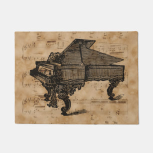 Antique Grand Piano on Vintage Music Sheets Doormat