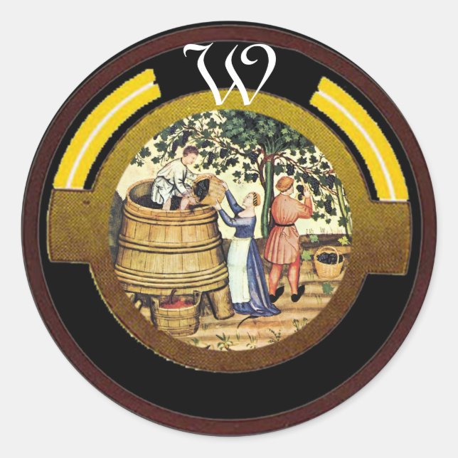 ANTIQUE GRAPE VINEYARD HARVEST  MONOGRAM CLASSIC ROUND STICKER (Front)