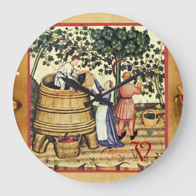 ANTIQUE GRAPE VINEYARD HARVEST PARCHMENT MONOGRAM LARGE CLOCK (Front)