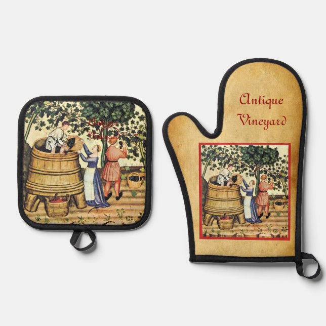 ANTIQUE GRAPE VINEYARD HARVEST PARCHMENT OVEN MITT & POT HOLDER SET (Front)