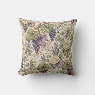 Antique Grapes, Lavender & White Roses Throw Pillow