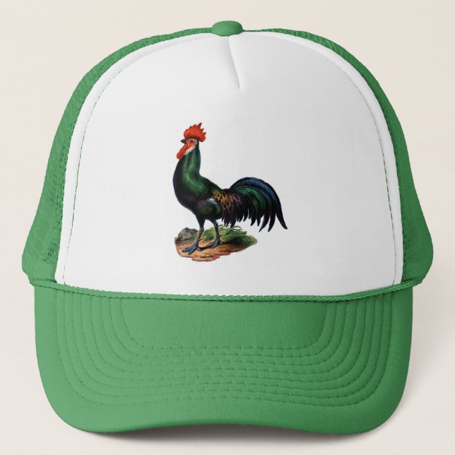 Antique Green Feathers Rooster Trucker Hat (Front)