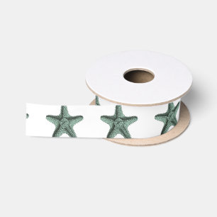 Antique Green Ocean Starfish Illustration Satin Ribbon