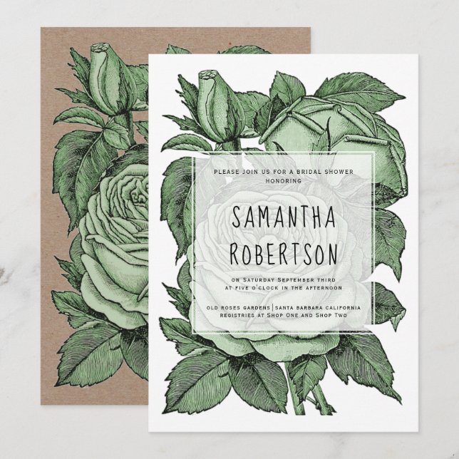 Antique green roses vintage wedding bridal shower invitation (Front/Back)