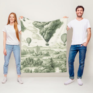 Antique Green Toile de Jouy Pastoral Pattern Fleece Blanket