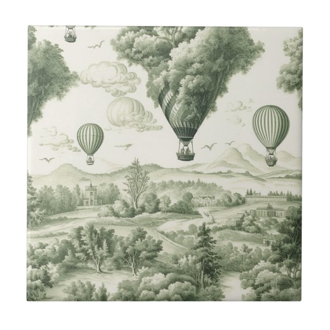 Antique Green Toile de Jouy Pastoral Pattern Tile (Front)