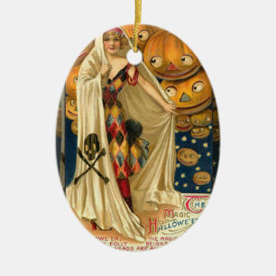 Antique Halloween Jack O Lantern Costume Woman Ceramic Ornament