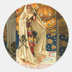 Antique Halloween Jack O Lantern Costume Woman Classic Round Sticker