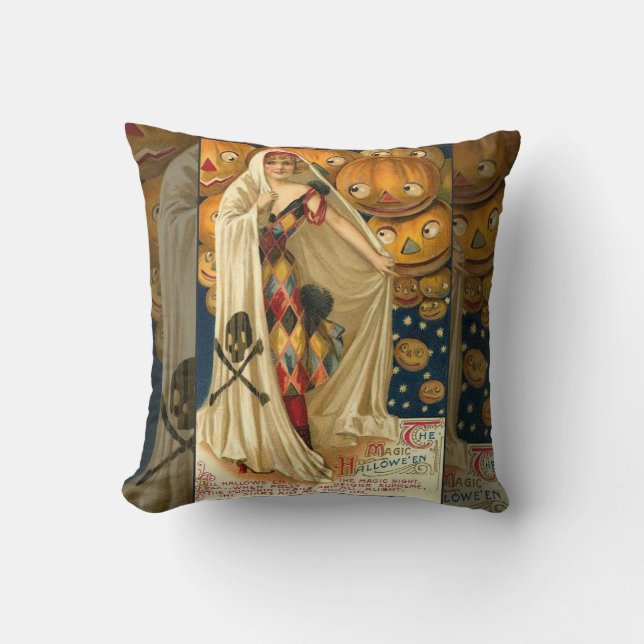 Antique Halloween Jack O Lantern Costume Woman Throw Pillow (Front)