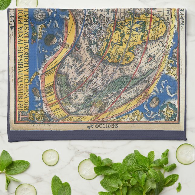 Antique Heart Shaped World Map by Peter Apian 1520 Kitchen Towel (Folded)