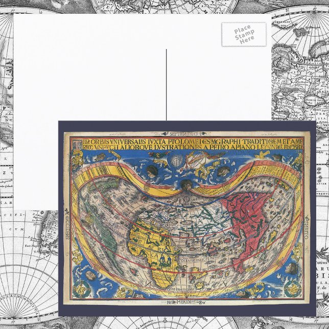 Antique Heart Shaped World Map by Peter Apian 1520 Postcard (Creator Uploaded)