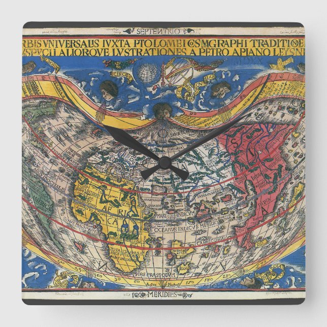 Antique Heart Shaped World Map by Peter Apian 1520 Square Wall Clock (Front)