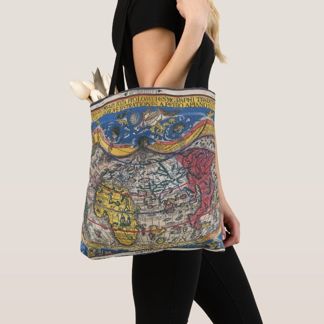 Antique Heart Shaped World Map by Peter Apian 1520 Tote Bag (Close Up)