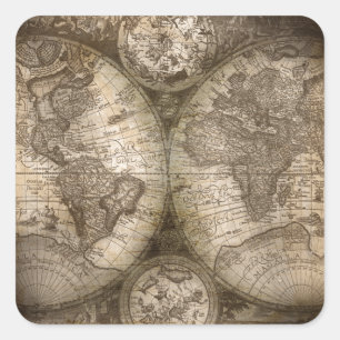Antique Historical Old World Atlas Map Continents Square Sticker