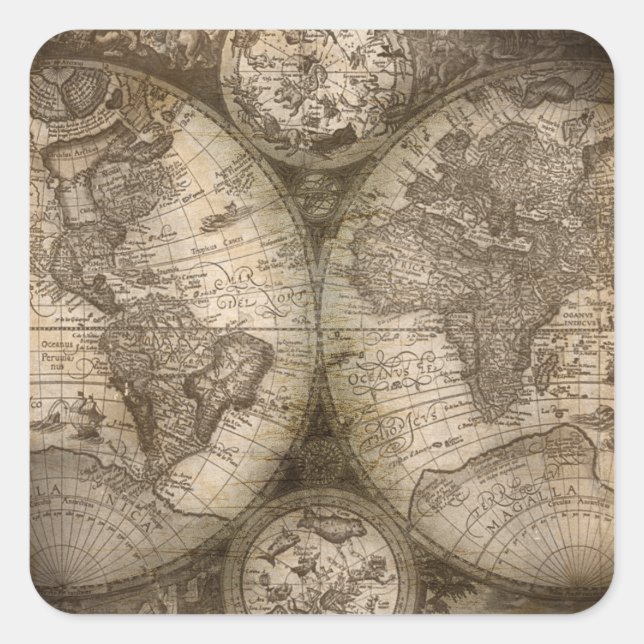 Antique Historical Old World Atlas Map Continents Square Sticker (Front)