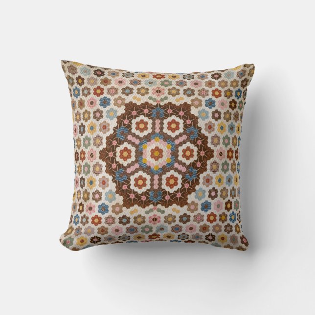Antique Honeycomb Quilt Pattern - Folk Art Crafty Throw Pillow (Front)
